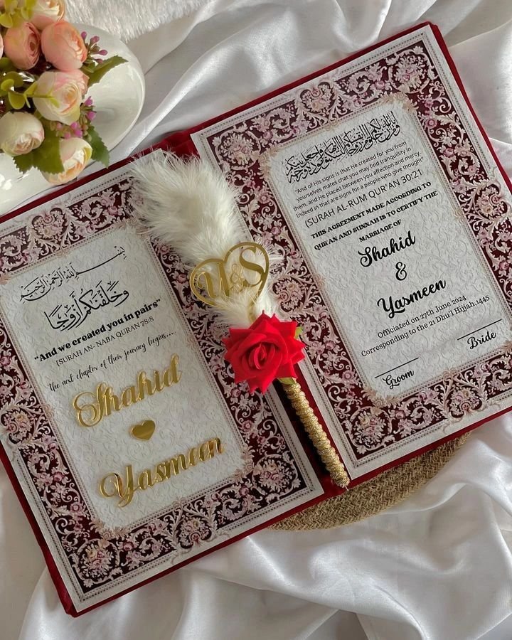 Premium Nikkah booklet and nikkah pen Available Contact us for more details #nikkah #nikkahgoals #weddinginspiration #wedding #trend #viral Custom Nikkah Booklet - Image 1